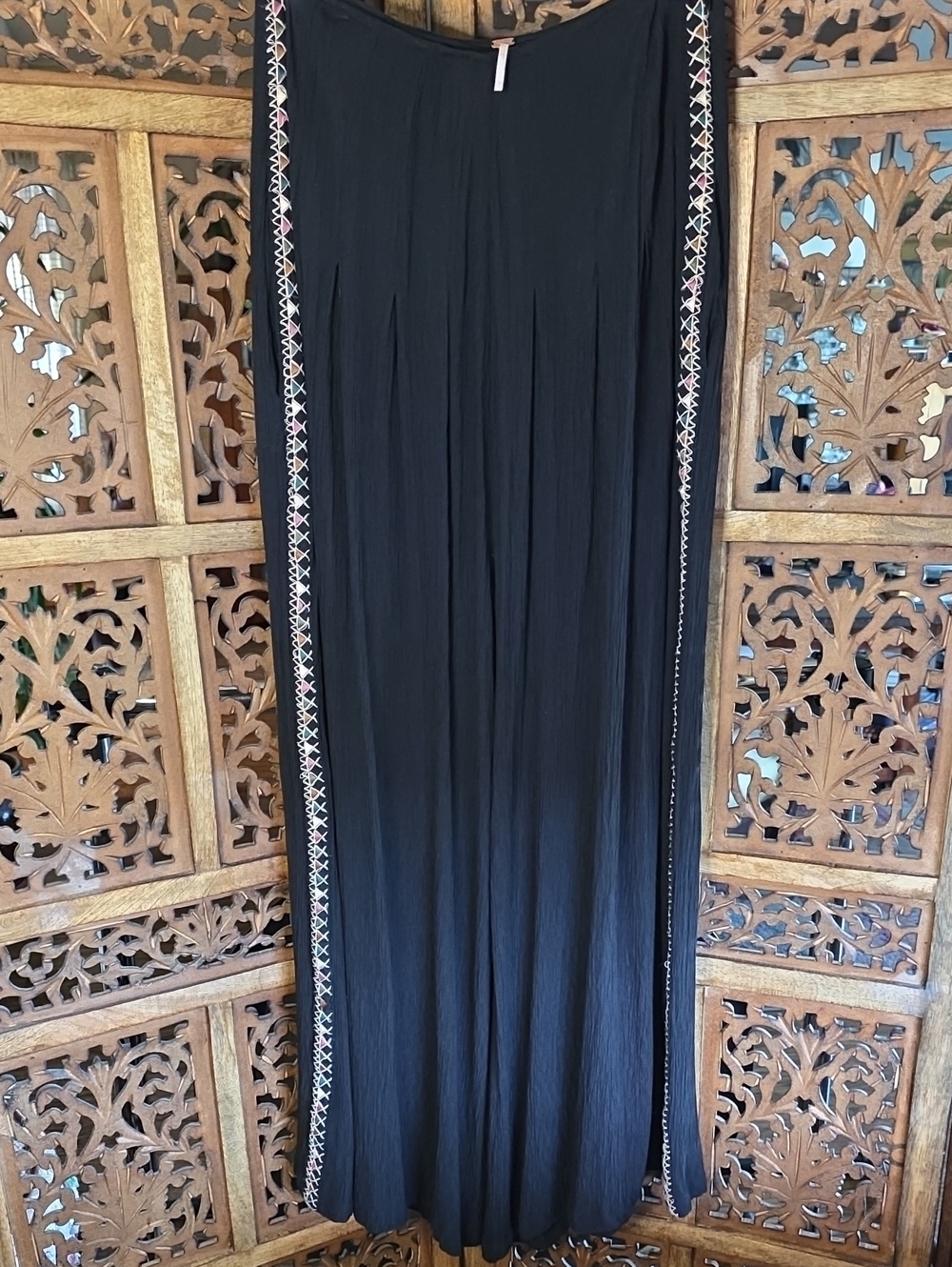 Free People Black Wide-Leg Pants with Embroidered Side Trim